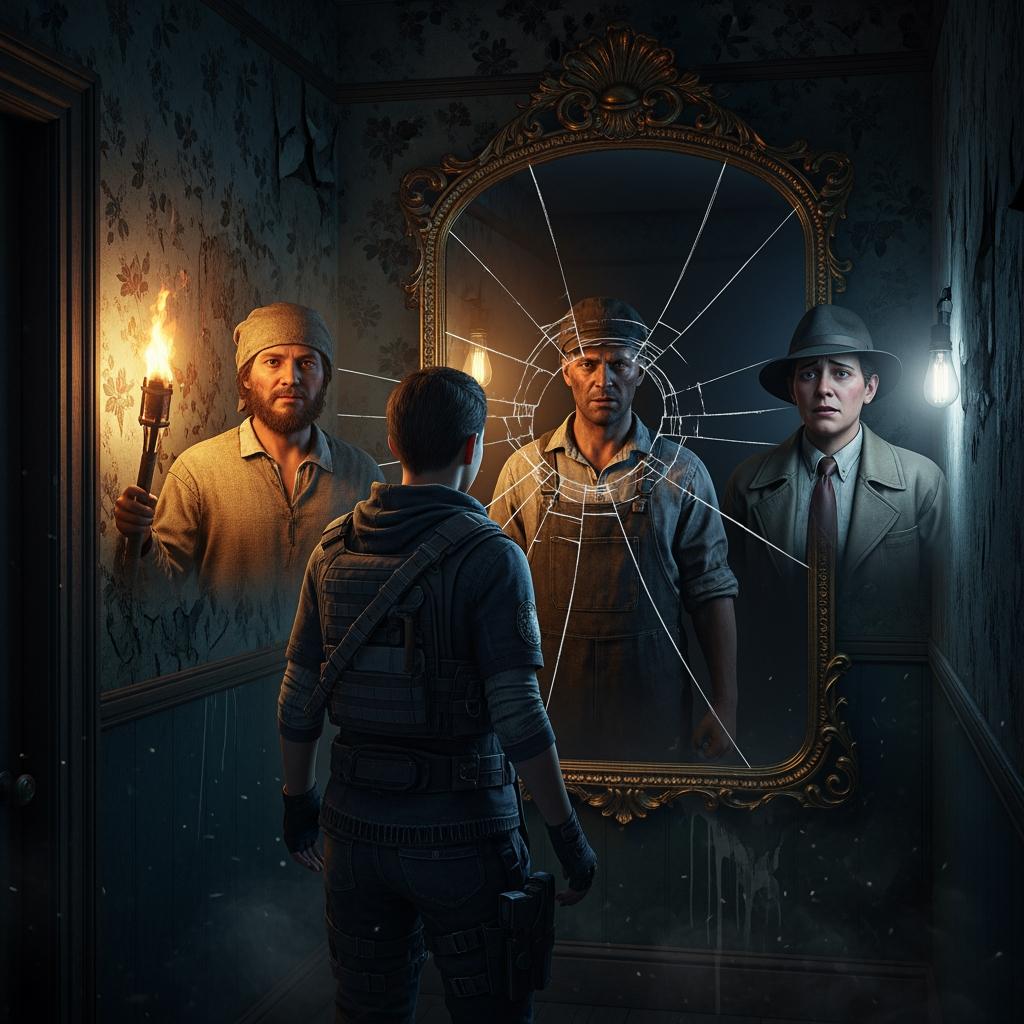 Modern character staring into a mirror showing versions of themselves from other centuries