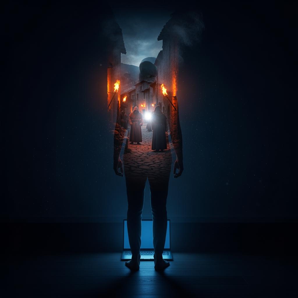 Crouched figure in a moonlit barn, newly arrived in another century