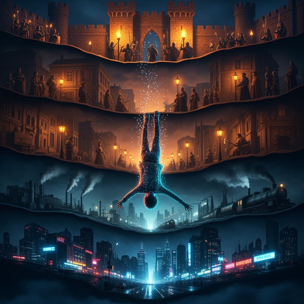 Person falling through layered historical eras in a wide cinematic panorama