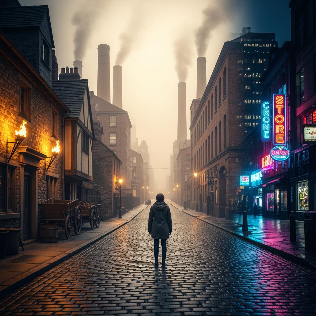 Surreal street where multiple historical eras blend into one scene