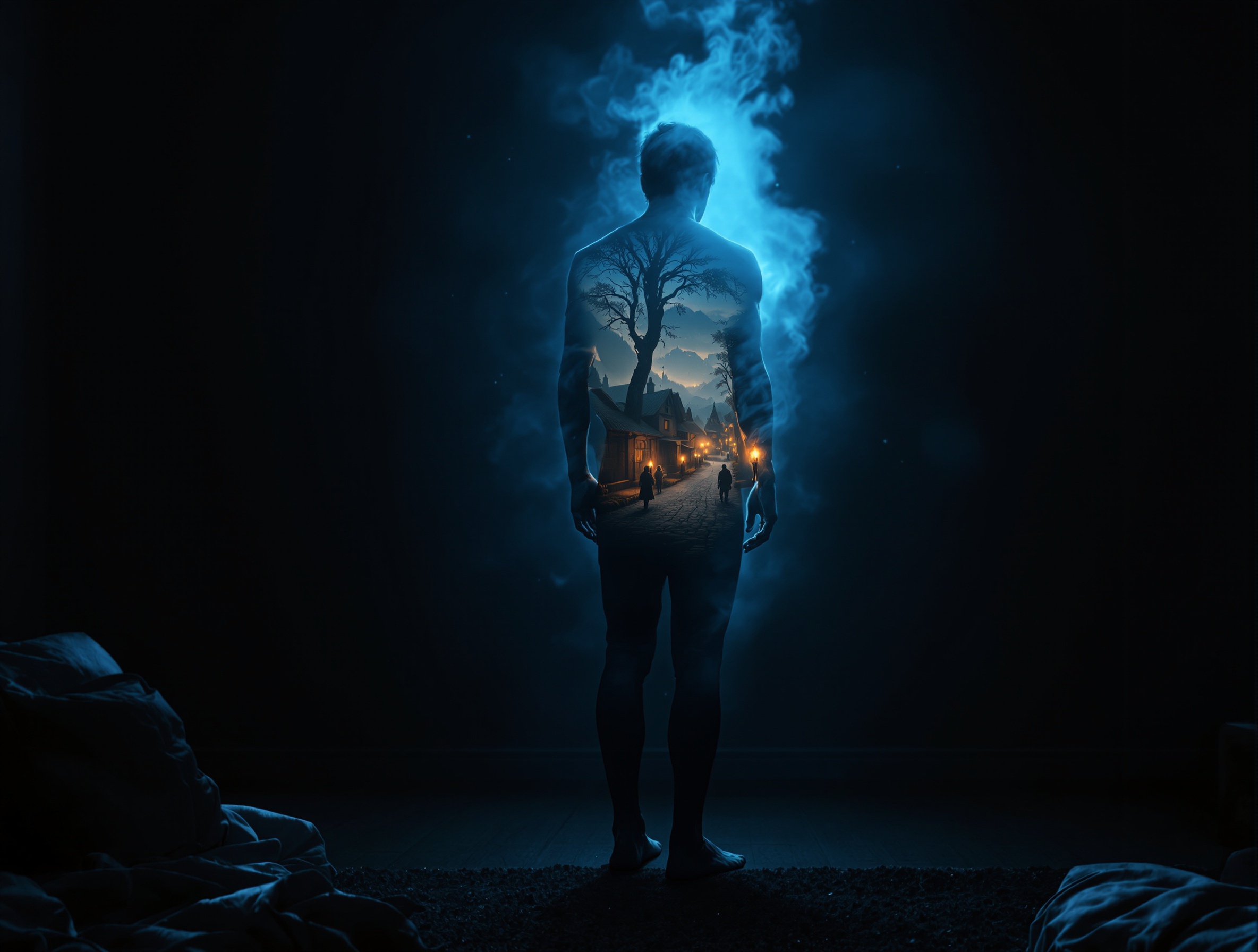 Surreal photorealistic scene of a modern figure seeing a historical world through their chest