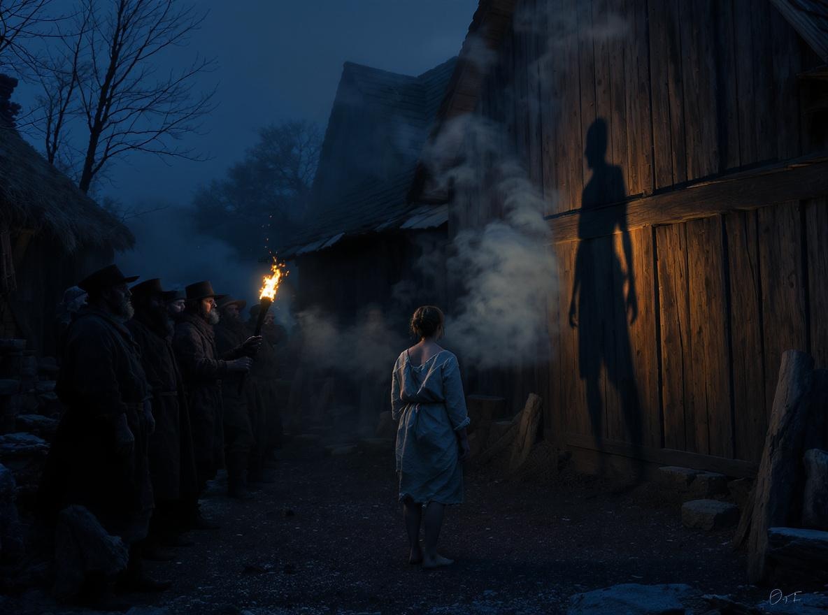 Villagers by torchlight staring suspiciously at an out-of-place stranger