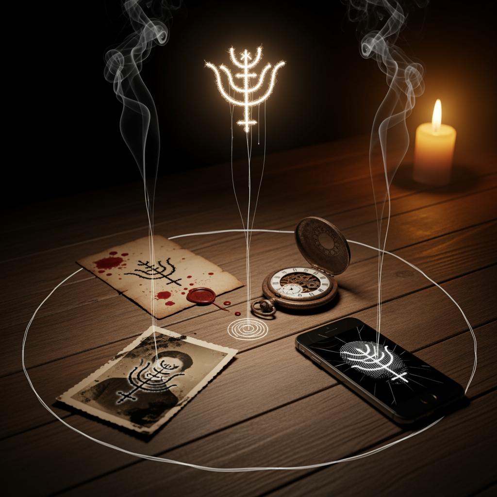 Still life of objects from multiple eras each bearing the same glowing sigil